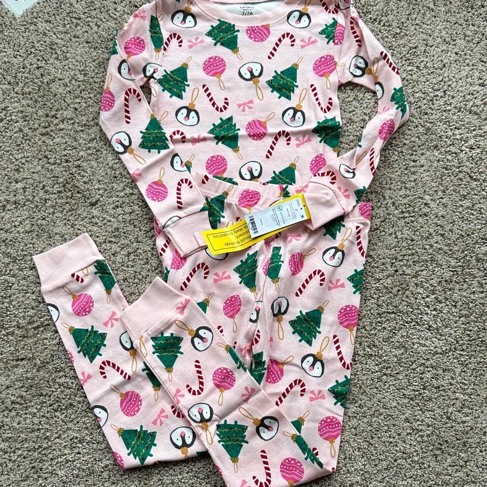 NWT Carter's Festive Pink  Penguin Christmas Tree Pajamas size 7